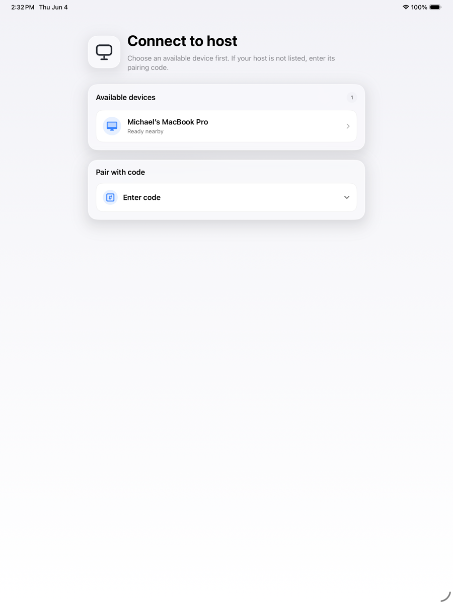 Remote Desktop connection screen on iPad