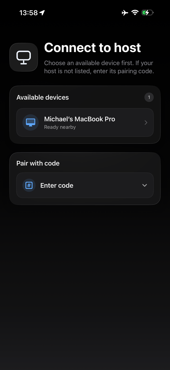 Remote Desktop connection screen on iPhone
