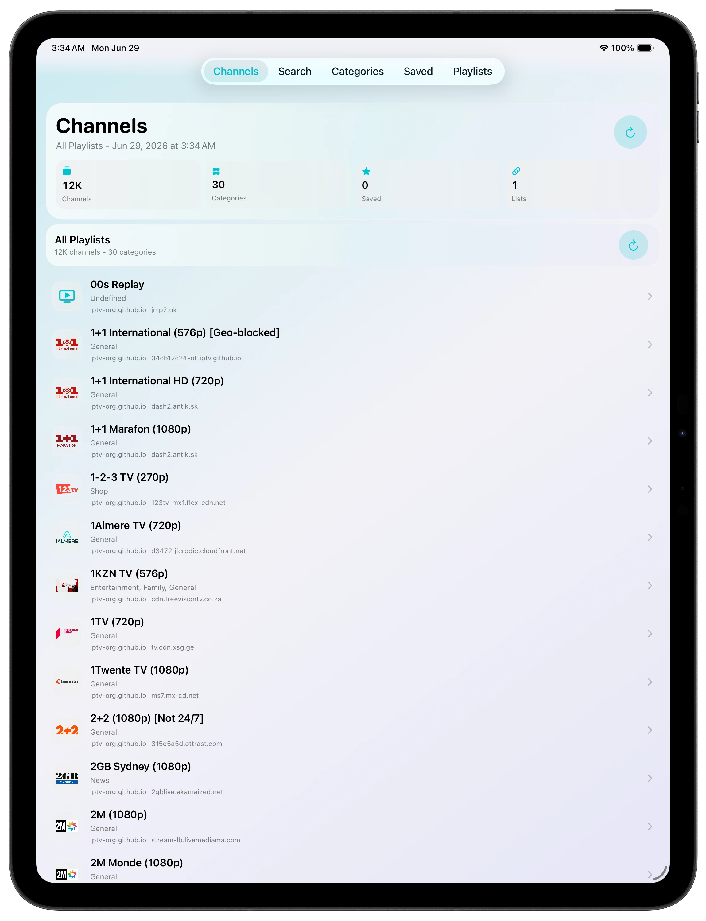 osIPTV channel library on an Apple iPad Pro