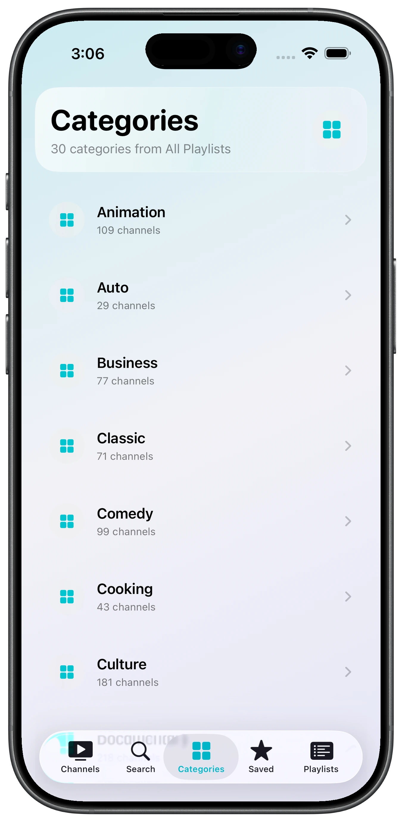 osIPTV categories on an Apple iPhone