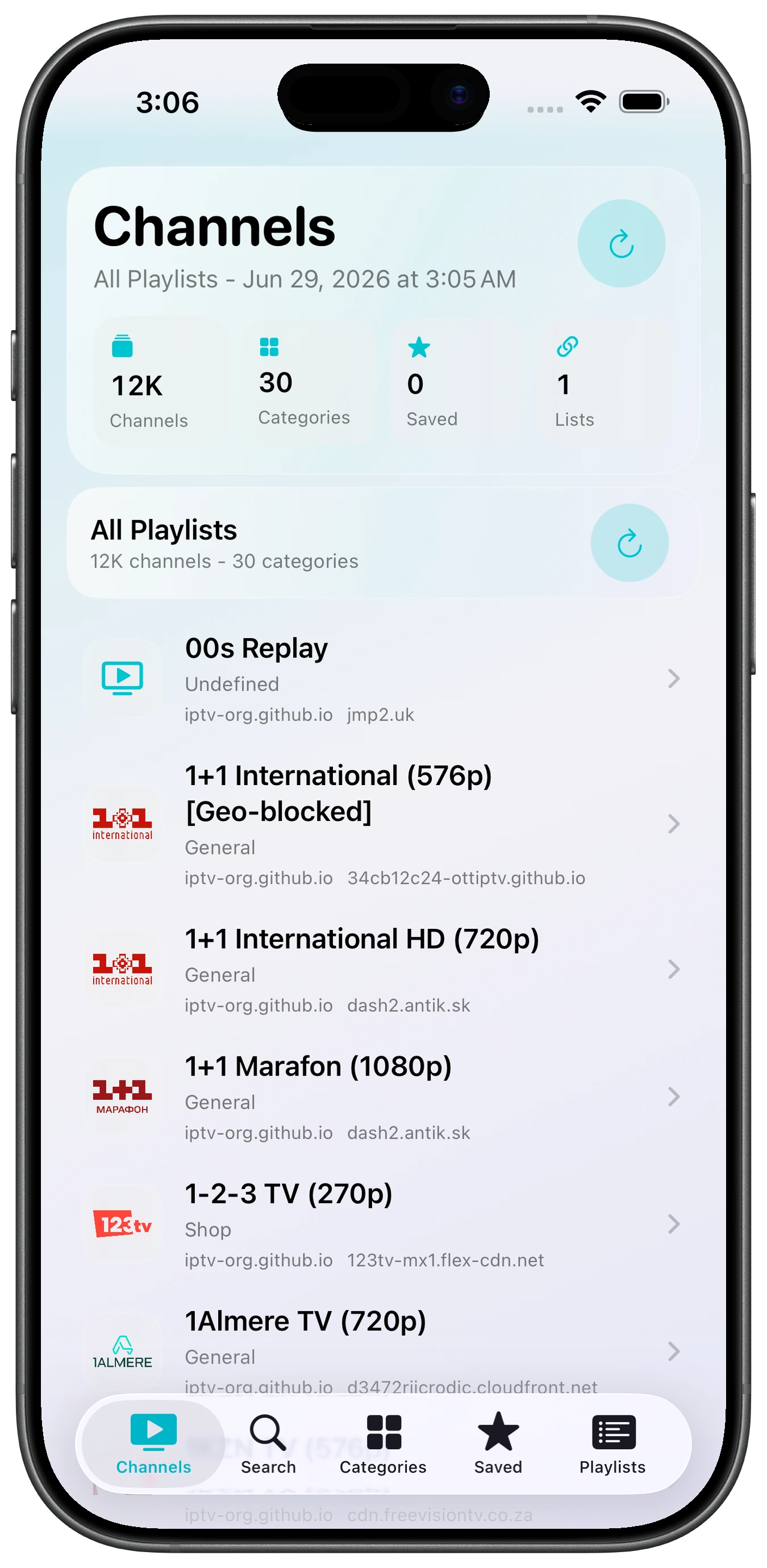 osIPTV channel library on an Apple iPhone 17